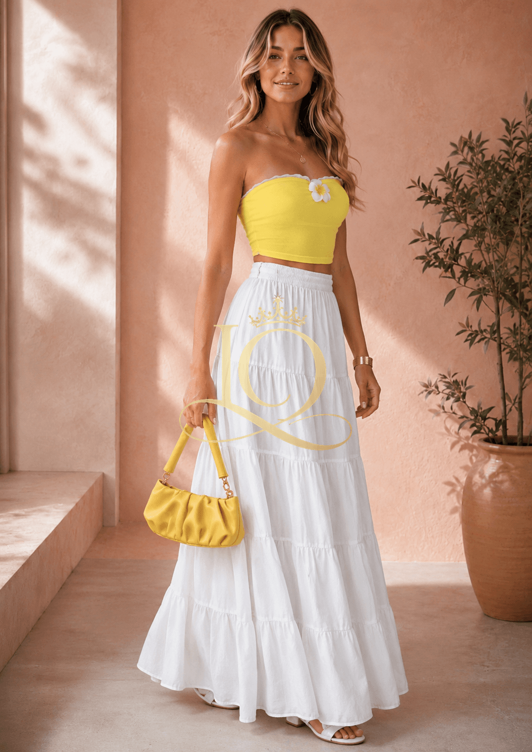 Lemon Luxe 3-Piece Co-ord Set — Yellow top wear & white long skirt, yellow small hand bag — view 4