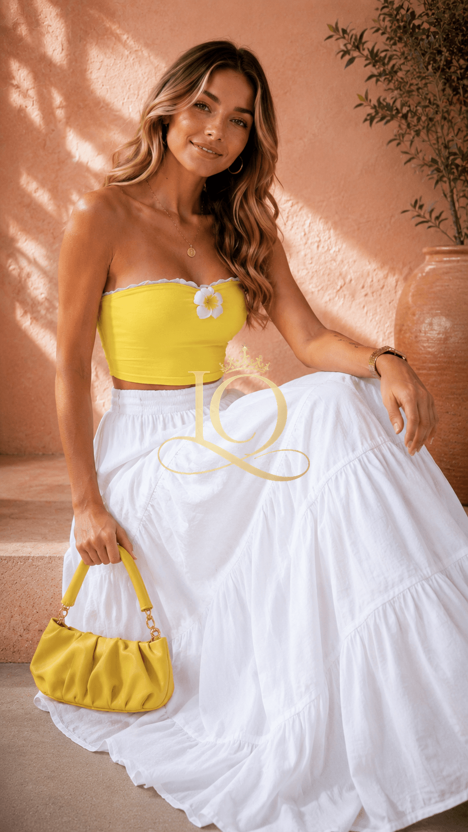 Lemon Luxe 3-Piece Co-ord Set — Yellow top wear & white long skirt, yellow small hand bag — view 6