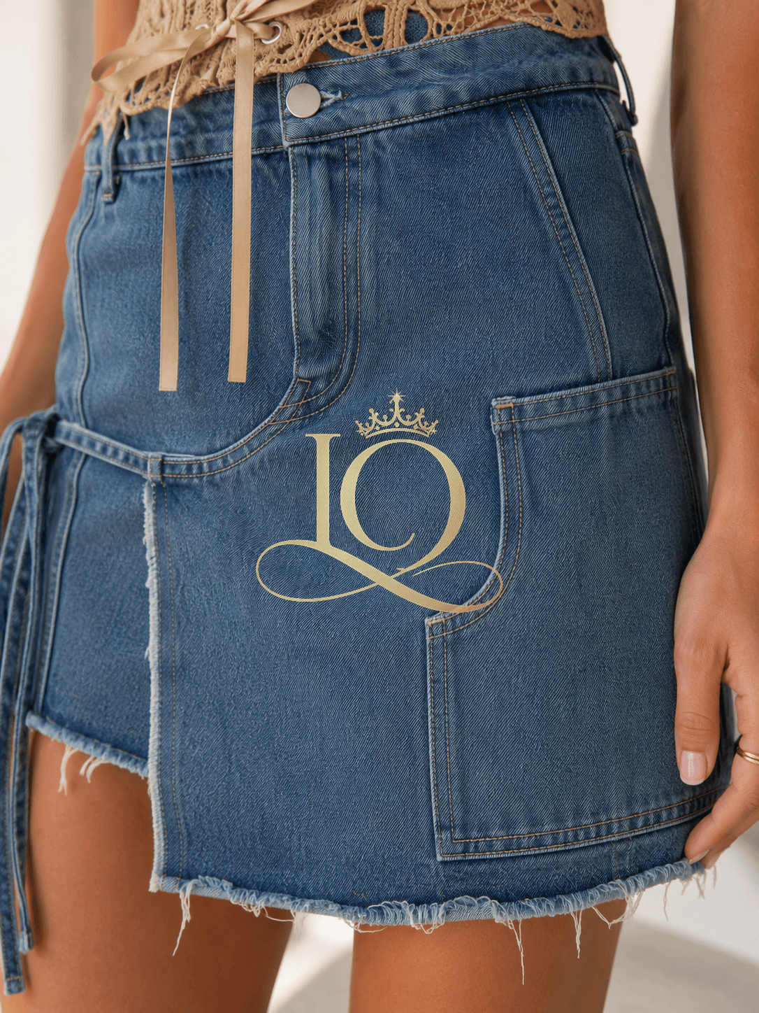 Lace Corset Denim Mini — Champagne Lace — view 4
